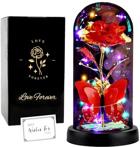 FAYODO Die Schöne und das Biest Ewige Rose, Blumen Geschenke für Frauen, Rose in Einer Glaskuppel mit LED Licht Holzsockel für Freundin Frau am Weihnachten Muttertag Geburtstag Valentinstag Jahrestag