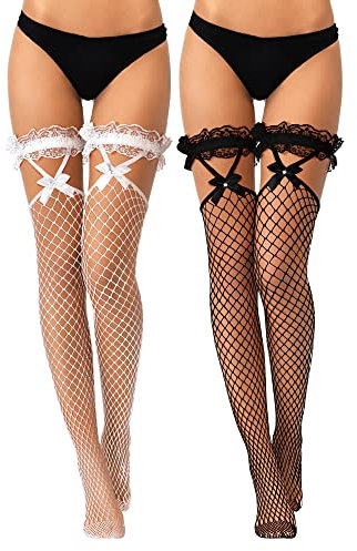 Geyoga 2 Pares Medias de Rejilla hasta el Muslo con Parte Superior de Encaje y Ligas Lazos para Mujer (Negro, Blanco)
