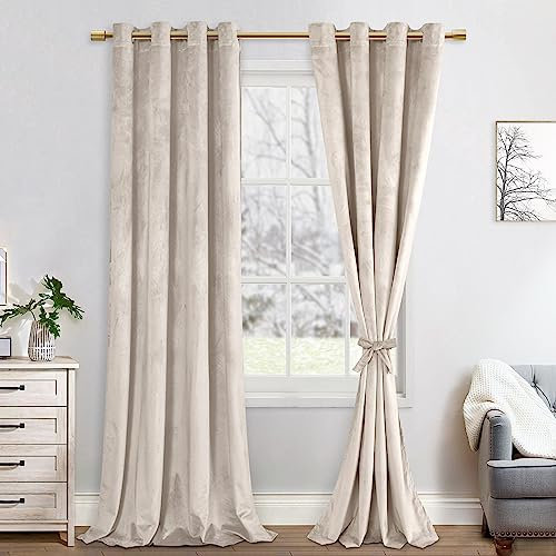 JIUZHEN Verdunklungsvorhang aus Samt, 2er Set Beige Vorhang weiche blickdichte Gardinen Grün Samtvorhang mit Ösen Vorhänge Samt für Deko Schlafzimmer Wohnzimmer, 140x245cm (BxH),Beige