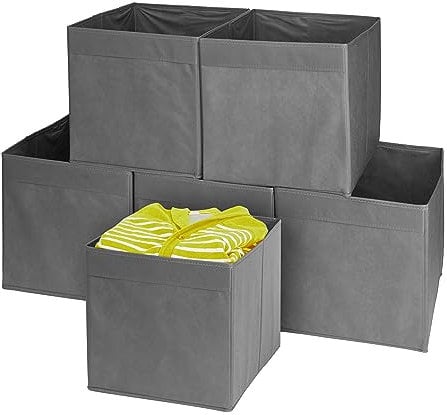MATANA 6 Storage Boxes (Foldable) - Fabric Cube Canvas Storage Unit for Baby Clothes, Home and Wardrobe Organisers - Grey, 33cm x 33cm x 37cm