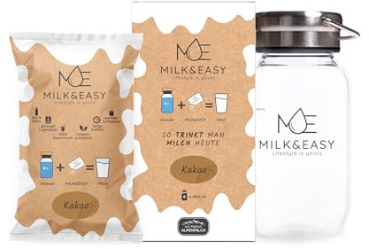 Starter Set Milk&Easy - mit Milchflasche: Kakao Box - H-Milch Pulver Vollmilch 6er Pack Starter Set - Alpenmilch Camping haltbar