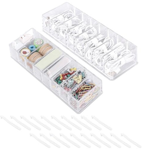 2 Stück Kabel Organizer Box ohne Deckel 8 Fächer USB Kabel Vitamin Schmuck Aufbewahrungsbox mit 20 Kabelbinder Transparent Schreibtisch Organizer Schublade Veranstalter(25 * 8,5 * 4,5cm)