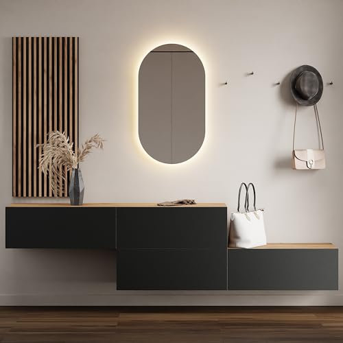 Planetmöbel Flur Möbel Garderobe 2X 160cm Gold Eiche/Anthrazit, Wandpaneel 50cm Gold Eiche/Anthrazit mit Spiegel 50cm (ohne LED), Wandgarderobe 32,5H x 160B x 37,8T cm