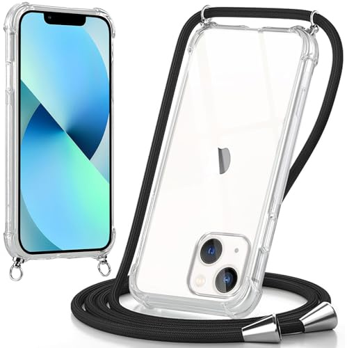 Oelrstfe Funda para iPhone 13 Mini con Cuerda, Transparente TPU Suave Silicona Carcasa con Correa Colgante Ajustable Collar para iPhone 13mini, Negro