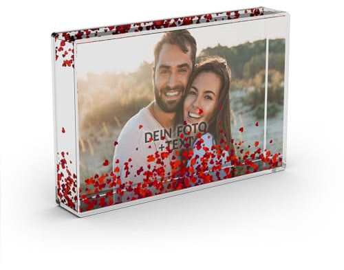 PICANOVA Personalisierte Schüttelrahmen mit Foto - Glitzer-Bilderrahmen für Valentinstag, Paare, Freunde - Acryl-Fotoblock mit Schneekugel Effekt für Foto 15x10 cm - Personalisierte Geschenke - Hearts