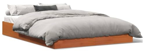 vidaXL Massivholzbett, Holzbett mit Kopfteil Lattenrost, Doppelbett für Schlafzimmer, Bett Bettgestell, Modern, Wachsbraun 160x200cm Kiefer
