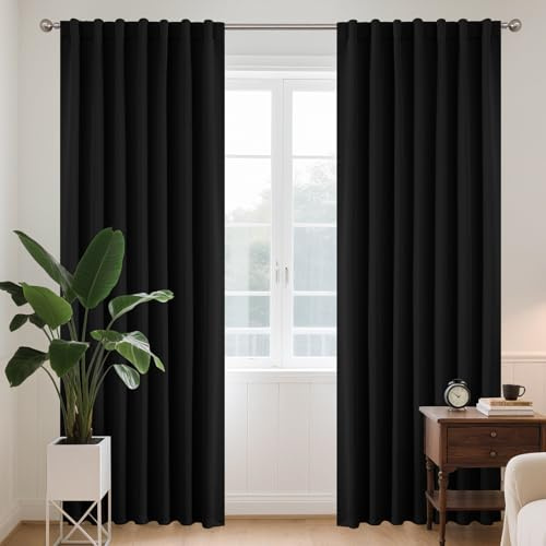 Joydeco Gardinen Blickdichte Vorhänge mit Schlaufen Verdeckten Schwarz | 2er Set,H210 x B132 cm,Verdunklungsvorhänge für Schlafzimmer und Wohnzimmer,Hitzeschutz Thermovorhang,UV-schutz