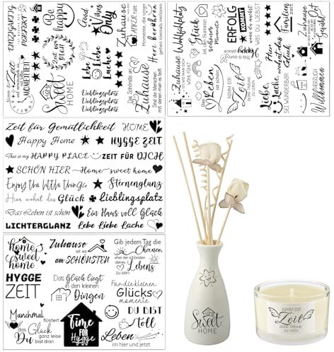 DAWRIS Rub On Sticker Transfers Sprüche 4 Stück Rub On Folie Zum Bedrucken Rub-On Sticker Rub Ons für Keraflott Möbel Raysin Holz Glas DIY Deko Rubons Aufkleber Rubbelsticker Home