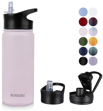 MURBONE Edelstahl Trinkflasche 500ml (+2 Deckel)-mit Strohhalm,BPA frei,Thermosflasche Auslaufsicher,Kohlensäure Geeignet,Thermoskanne Vakuum Doppelwandisolierung für Sport, Reisen, Camping