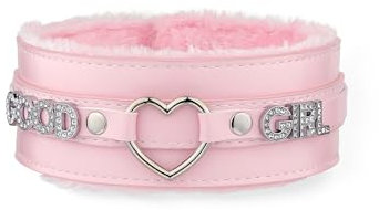 ADEMISHIA Rosa Flauschiges Herz O-Ring Leder Choker Halsband für Frauen, handgefertigte Punk Gothic Buchstaben Halskette, verstellbarer Modeschmuck