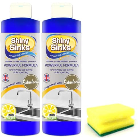 Shiny Sinks Lemon Sherbet (2 X 250 ml), a Superb Cream Cleaner for use on Ceramics, Sinks and Basins with Degreaser Sponge