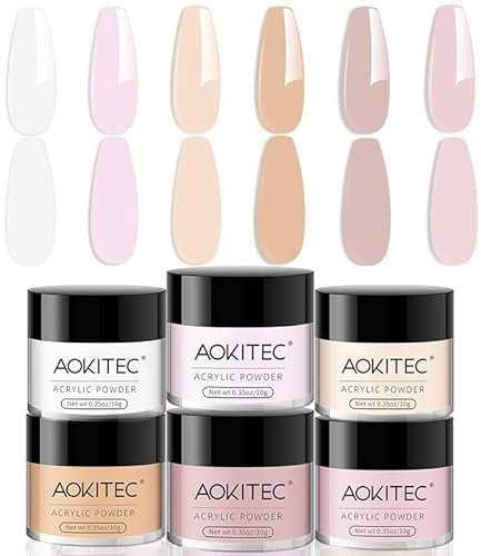 Aokitec Acrylpulver für Nägel, 6 Farben Klar Nude Rosa Acrylic Powder für Nagelverlängerungen 3D Nagelschnitzerei Nail Art, Nail Powder für Acryl Pulver Nails, Nägel Selber Machen