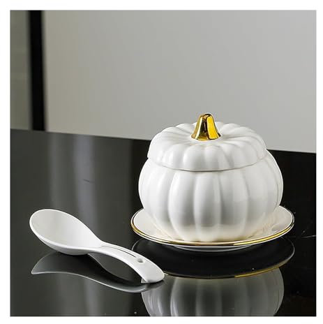 MELY Ceramic Tureen Soup,Individual Soup Tureeen with Plate Set,350ml Ceramic Soup Serving Bowl with Gold Rim
