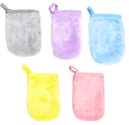 DLPRK 5 pièces Gants Démaquillants en Microfibre, Gant Démaquillant Microfibre Réutilisable, Gant Nettoyant Visage, Lingette Démaquillante, pour Peaux Sèches et Sensibles