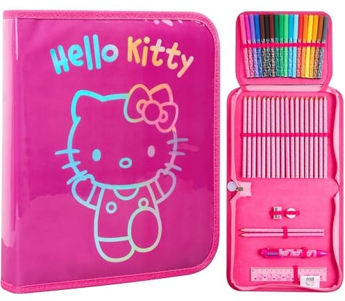 Hello Kitty Sanrio Astuccio Bambina con Materiale Scolastico Kawaii Set Cancelleria Grande Capacità Carino Cinnamoroll Kuromi Anime Regalo Bambina (Rosa Hello Kitty)
