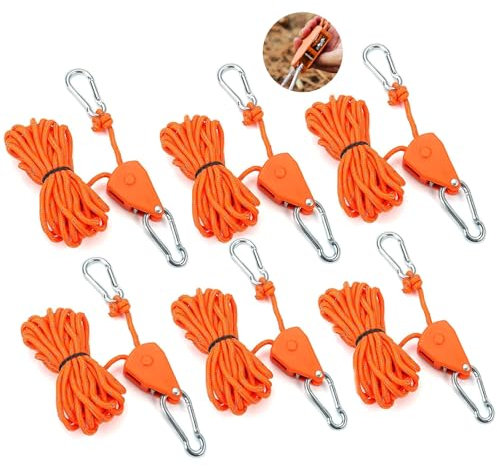 6 Pezzi Corda Campeggio 4 M, Cricchetto di Corda Regolabili, Tiranti con Gancio, Tenditore a Cricchetto Riflettente 4 MM, per Escursionismo