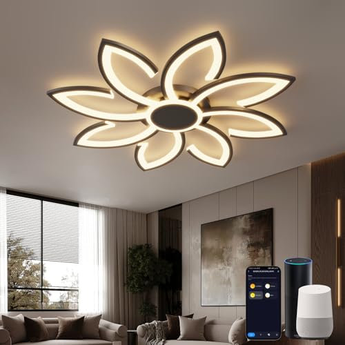 Smart WiFi Deckenlampe Wohnzimmer Kompatibel mit Alexa und Google Home, Φ80cm Wohnzimmerlampe Decke Modern, Led Deckenleuchte Blume Dimmbar, für Wohnbereich, Schwarz