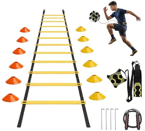 Kit Allenamento Calcio, Set Allenamento Calcio con Scala di Coordinamento 6m, 12 Cinesini, 1 Corda da Salto, Bande Elastiche, Accessori per L'allenamento di Calcio, Set di velocità E Agilità