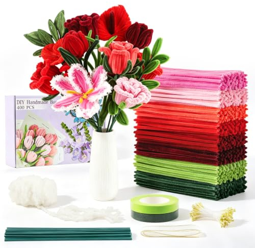 400 Pcs Pipe Cleaners Craft, 8 Assorted Colors Pipe Cleaners Bulk | Chenille Stems for DIY Flower Making Kit with Floral Wires, Gardening Tape,Stamen& Ribbon (Red Series)