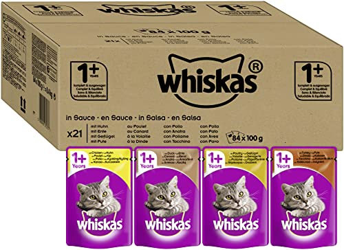 Whiskas 1+ Katzennassfutter – Geflügel-Auswahl in Sauce – Hochwertiges Feuchtfutter für ausgewachsene Katzen im Portionsbeutel – Katzenfutter – Großpackung (84 x 100g)