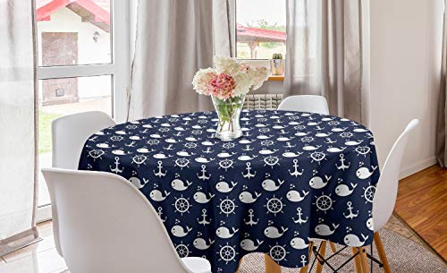 ABAKUHAUS Navy blau Runde Tischdecke, Maritime Anchor Wal, Kreis Tischdecke Abdeckung für Esszimmer Küche Dekoration, 150 cm, Marine-Blau-Weiß