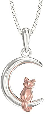 Aeon Cat & Moon Necklace - 925 Sterling Silver & Rose Gold Plated | Adjustable 16-18 Inch Chain | Polishing Cloth & Gift Box