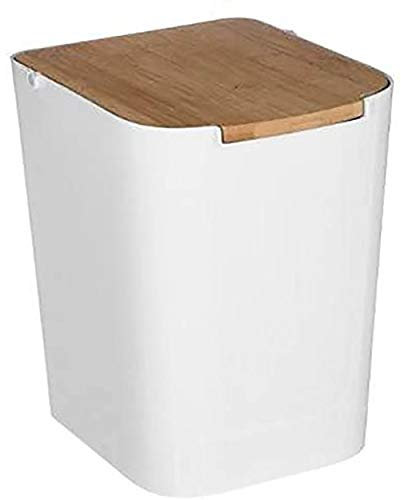 Hogar y Mas Papelera Blanca con Tapa Madera Bambú, Cubo Basura 5L.