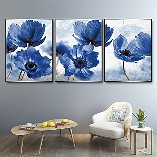 RAILONCH 3er Set Premium Poster Modern Bilder Deko Wanddeko, Blau Blumen Poster Wohnzimmer Wanddeko Home Deko für Wände - Ohne Rahmen (A,30 x 40 cm)