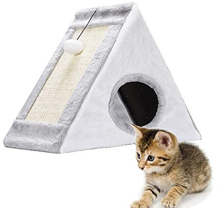 Blueshyhall Katzen Höhlenbett für Katzen bis zu 5KG, Katzenbett Höhle mit Kratzbretter, katzenbett Flauschig Dreieckig, Haustierbett Katze, Katzen Kratzmöbel, Kratzbaum für Katzen (Weiß)