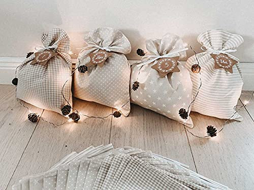 Glückspilz Adventskalender zum selber Befüllen, große Beutel, wiederverwendbarer Weihnachtskalender aus Stoff, XXL Beige