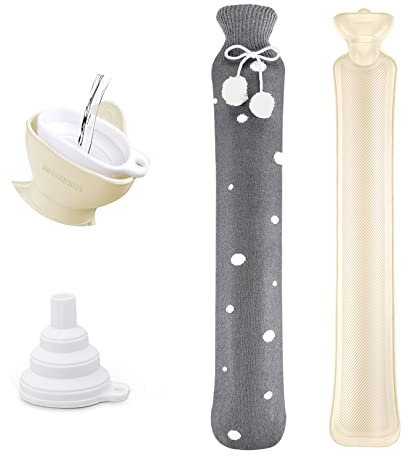 73cm Botella de Agua Caliente Larga,2L Botellas de Agua Caliente con Funda Protectora de Punto,Extraíble y Lavable,Natural Goma Agua Caliente Bolsa para Cuello,Hombros,Espalda,Piernas y Cintura,Gris