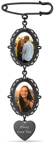 Custom4U Memorial Brosche Anhänger Brautstrauß mit Fotogravur Personalisierte Anstecknadeln Schwarz mit 2x Fotoanhänger mit Bild Edelstahl Oval Broschen Clip für Kleidung DIY Geschenke