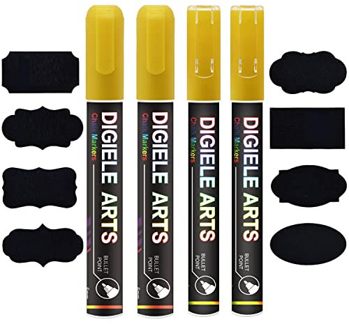 DIGIELE Kreidestift Gold, 2 Gold Kreidestifte 3mm + 2 Gold Kreidemarker 6mm + 16 Tafel Labels, Reversibel Stiftspitze, Trocken/Feucht Abwischbare Flüssigkreide für Whiteboard, Tafel, Fenster & Glas