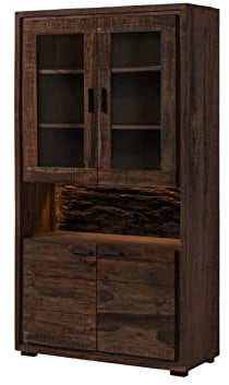 MASSIVMOEBEL24.DE | BARK by WOLFMÖBEL - Vitrine aus Massivholz #209 inkl. LED-Beleuchtung | Akazie - Dunkelbraun, lackiert | 6 Fächer | 98 x 40 x 180 cm | echte Baumrinde