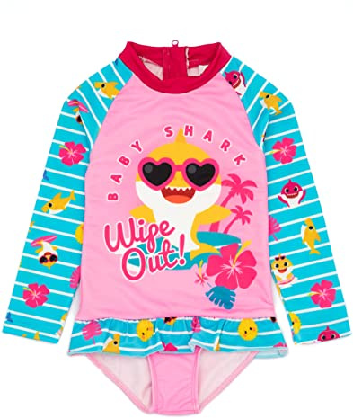 Baby Shark Swimsuit for Girls | Baby Toddlers Pink Blue Mommy Daddy Grandma Grandpa Shark Family Song Swimming Costume | Long Sleeve with Frill Skirt