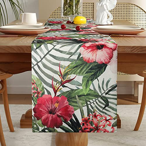 Tischläufer Frühling Grünes Blatt Tischläufer Tropisches Palme Rosa Blumen Muster Tischläufer Esszimmer Tischdecke Dekoration für Küche Rechteckiger Dekorativer Tischläufer Frühling/Sommer 33x183cm
