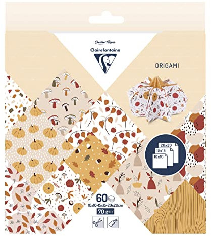 Clairefontaine - Papier Origami 60 Feuilles Motifs Automne 3 Formats : 10x10cm, 15x15cm, 20x20cm - 70g - 10 Motifs Colorés Assortis (2 Feuilles par Format) - Loisirs Créatifs Adultes - 95379C