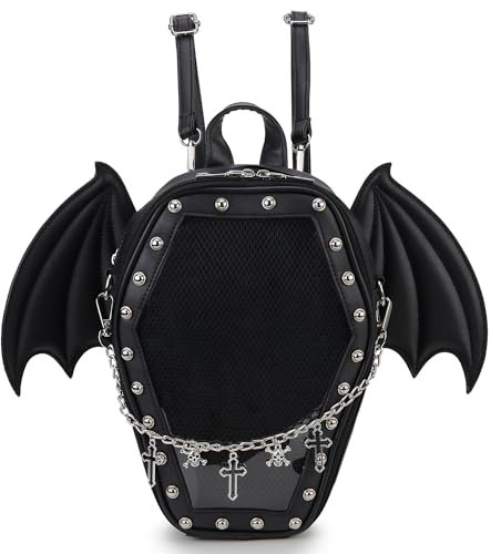 ENJOININ Gothic Sarg Form Mode Geldbörsen und Handtaschen für Frauen Halloween Umhängetasche Rucksack, Schwarze Flügel