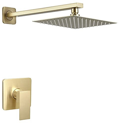 Heable Brushed Gold Shower Faucet Set, Single Function Shower Trim Kit with Rough-in Valve, Square Rain Shower Head System Included Extra Long Shower Arm for Bathroom