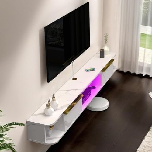 Pmnianhua Floating TV Stand with LED Lights, Wall Mounted TV Cabinet with 2 Doors and 3 Cabinets, Modern Entertainment Media Console Center Large Storage Shelf Under TV (180cm, White)