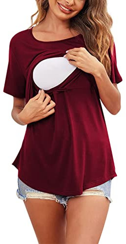 Damen Baumwolle Stillen Kleidung Umstandsmode Damen Umstands-T-Shirt mit kurzen Ärmeln, Rundhalsausschnitt, einfarbig, asymmetrisch, Klappe, Stillshirt Umstandskleidung Umstandstop Tank Top