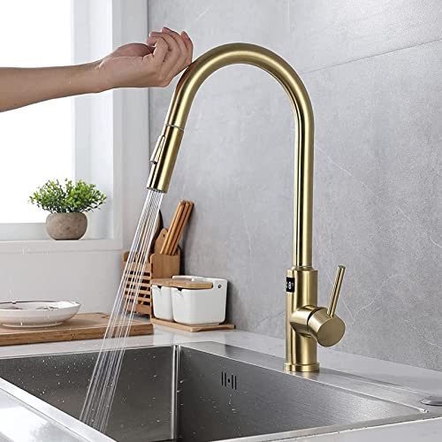 Yalsfowe Touch-on-Küchenarmatur, Küchenarmatur mit ausziehbarer Dusche, Smart-Sensor-Küchenarmatur aus Edelstahl, Küchenspüle-Wasserhahn mit Temperaturanzeige, 360°-Küchenmischbatterie,Brushed gold