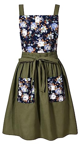 Pinknoke Vintage Pinafore Apron Dress for Women with Pockets Cute Floral Chef Aprons for Kitchen Cooking Baking Gardening (Olive Green)