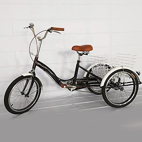 soudesileim 20 Zoll Dreirad FÜr Erwachsene, Senioren Fahrrad 3 Räder Mit Warenkorb Und Glocke, Schwarzem Kohlenstoffstahl, Mit Single Speed, FÜr Ältere Reisende, Geschenk