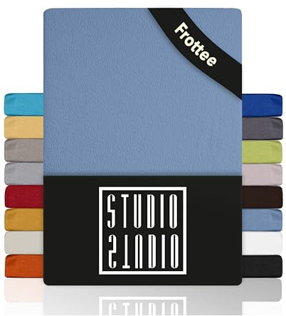 STUDIO Basic Frottee Spannbettlaken 100x200cm – weiches Frottee-Spannbetttuch aus 80 % Baumwolle & 20 % Polyester – Mittelblau – Öko-Tex Zertifiziert, bügelfrei & elastisch – für Matratzen 15–25cm