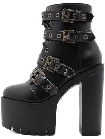 Roimaash Stylish Plateau Kn?chel Stiefel Absatz Chunky Goth Stiefeletten Schnüren Pole Dance Performance Stiefel Metal Schnalle Belt Cosplay Stiefel Black Size 39