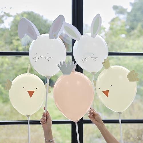 Ginger Ray Osterballons auf Stäbchen, Osterhase, Küken und Karotten mit aufgedruckten Gesichtern und 3D-Kartenfunktionen – 5 Luftballons
