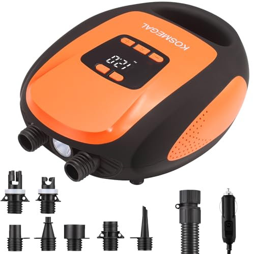 Paddle Board Pump Electric Portable, KOSMEGAL SUP Pump for Paddleboard, Professional 20PSI Air Compressor with Auto-Off, Deflation Function and 12V DC Car Connector for Inflatables, Kayaks and Boats