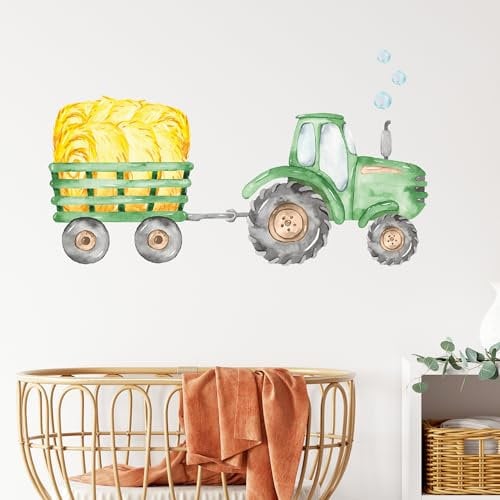 GRAZDesign Traktor Wandtattoo Kinderzimmer Junge Trecker mit Anhänger in grü Babyzimmer 70x40cm
