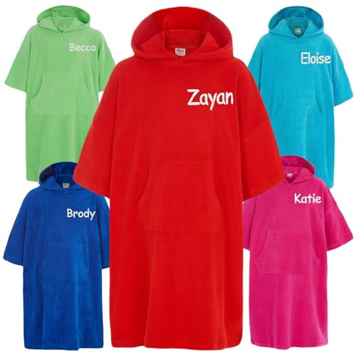 Gembroidery Personalised Hooded Poncho 100% Cotton Kids Towelling Changing Robe Childrens Bath Towel with Pocket For Beach, Swimming, Surfing Gift for Boys and Girls (Red 4-7 Years)